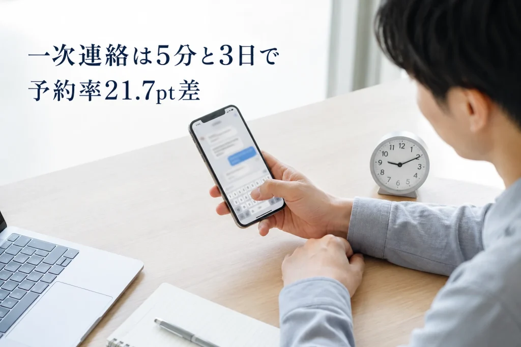 面接の日程調整、初動5分と3日で予約率21.7pt差──当日に送る一次連絡の型