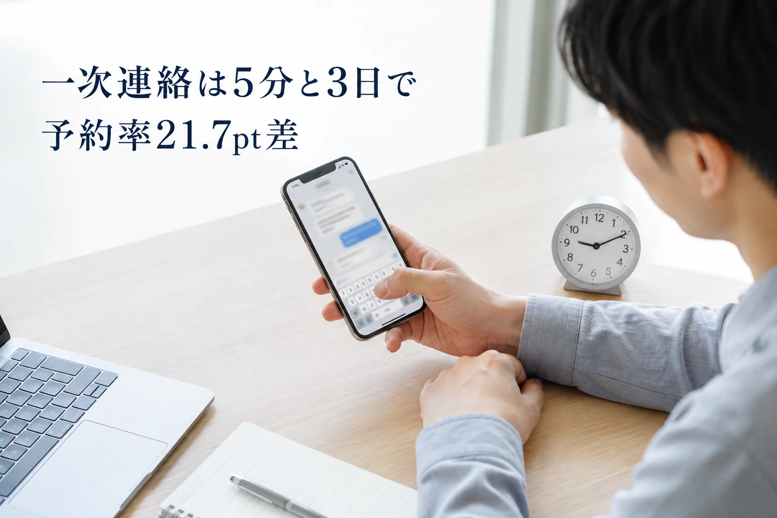 面接の日程調整、初動5分と3日で予約率21.7pt差──当日に送る一次連絡の型